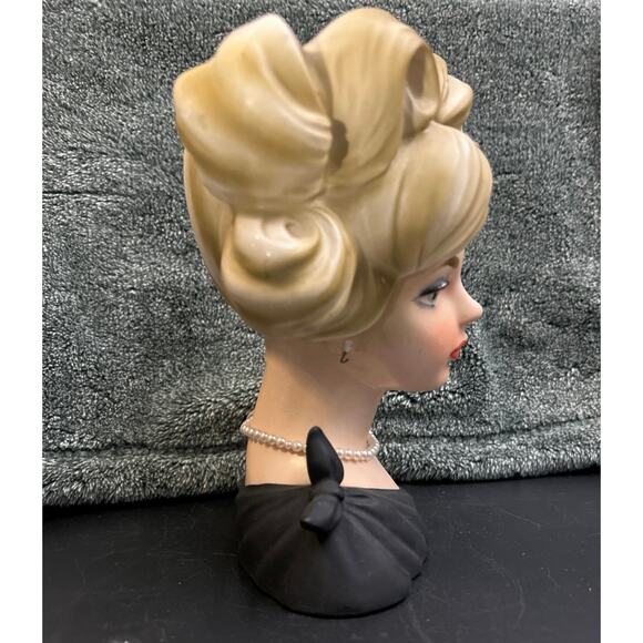 Large Lady Head Vase Napcoware w Pearls Planter Blk Dress c1950 - Picture 6 of 12